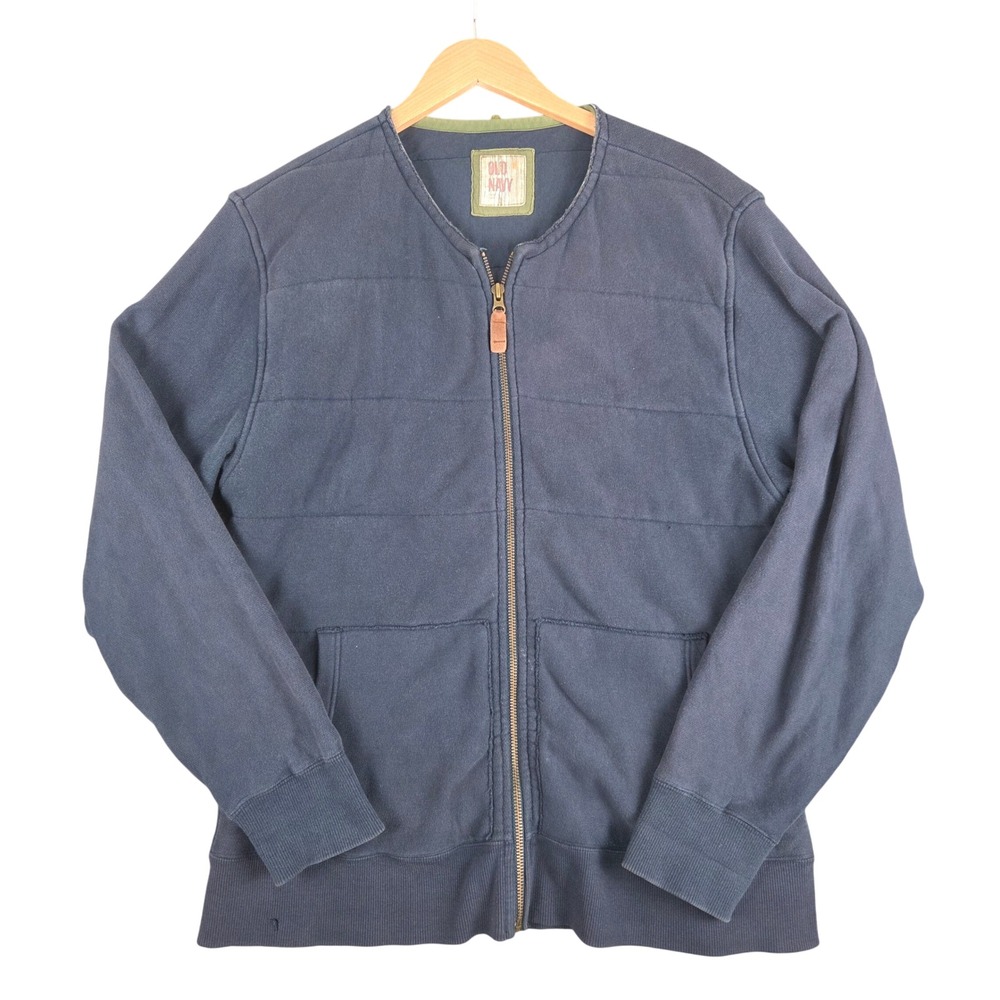 Vtg Old Navy Mens Navy Quilted Zip Sweatshirt Jacket XL Distressed Y2K Preppy